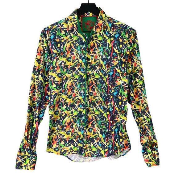 Men's Slim Fit Button-Up Shirt Long Sleeve Graphic Print Sz M - Picture 1 of 12